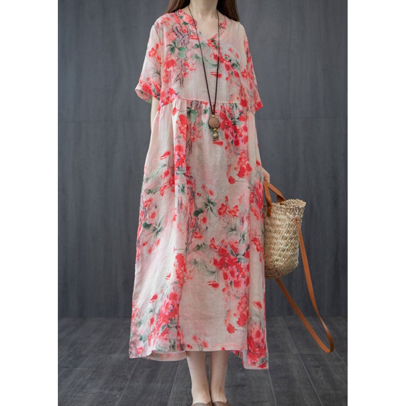 Bohemian Red V Neck Wrinkled Patchwork Linen Dresses Short Sleeve