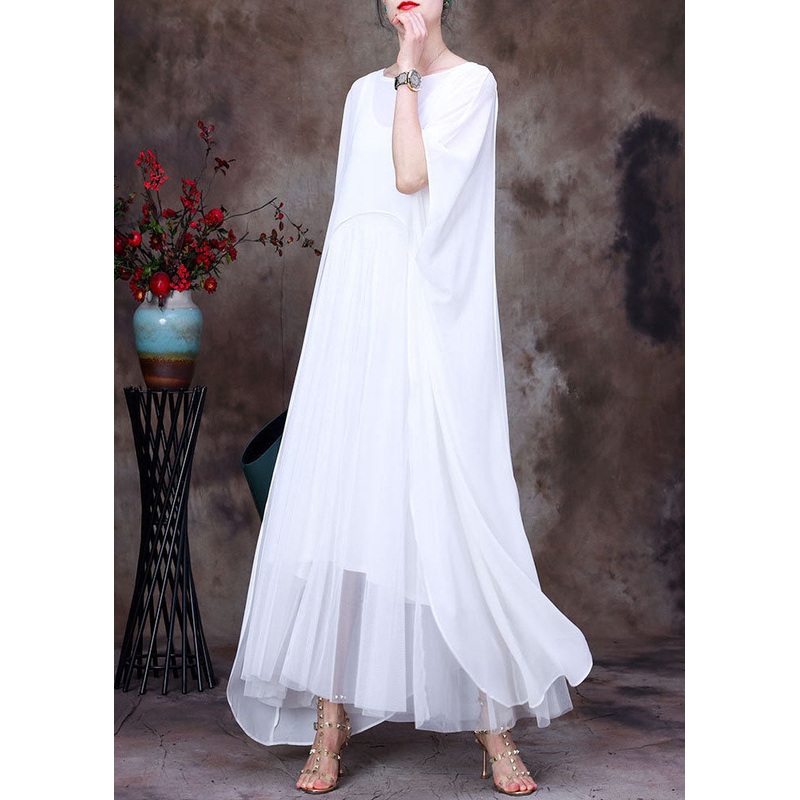Bohemian White O-Neck asymmetrical design Chiffon Cloak Dress Batwing Sleeve