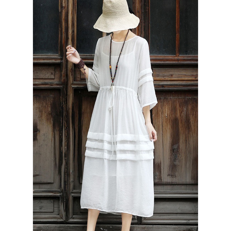 Bohemian White Tie Waist Patchwork Cotton Dress Two Pieces Set Summer