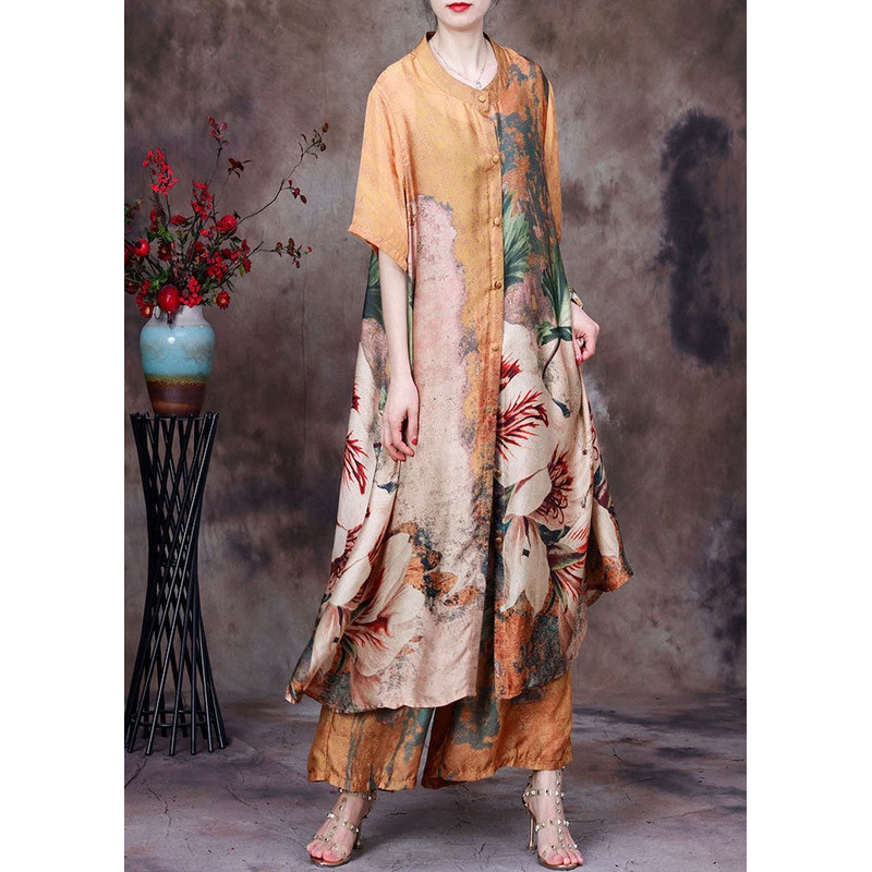 Bohemian Yellow Stand Collar Print Silk Long Shirt And Crop Pant Two Pieces Set Summer