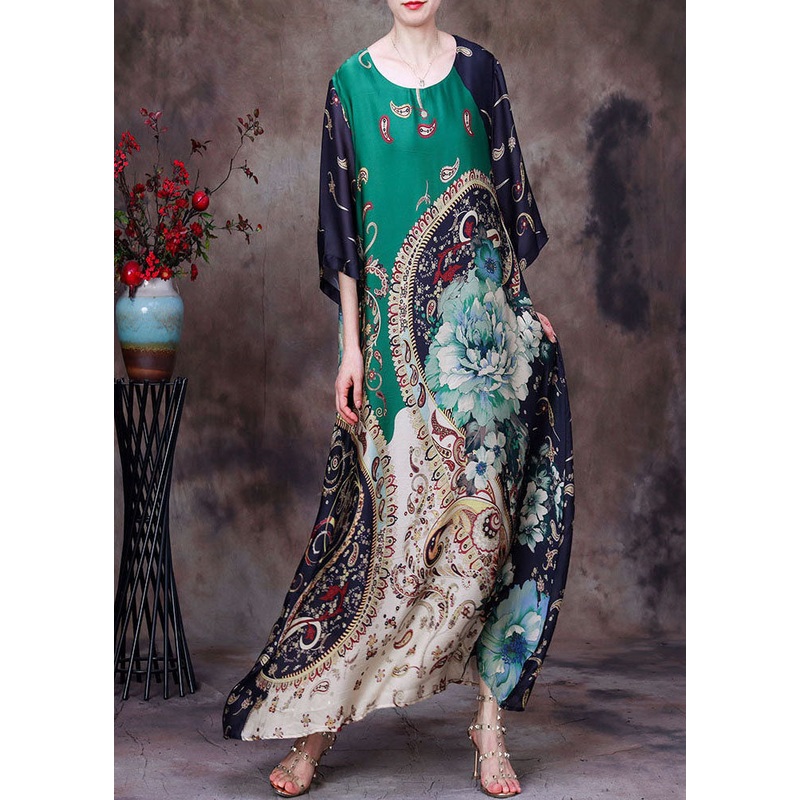 Boutique Green O-Neck Original Design Print Draping Silk Maxi Dress Half Sleeve