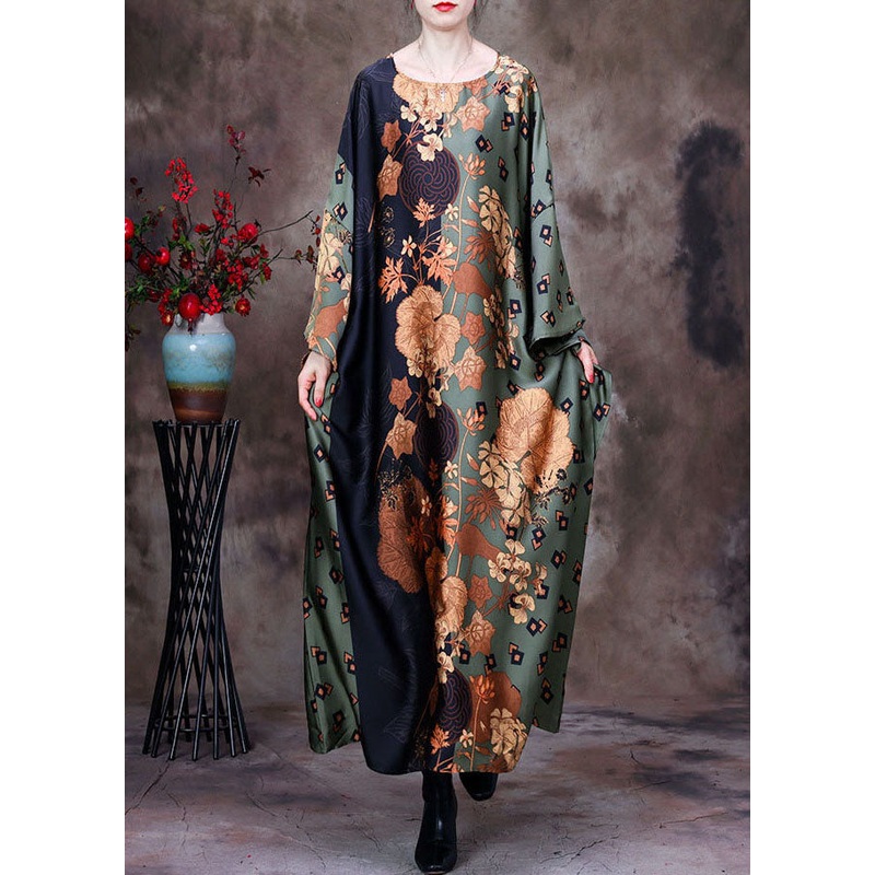 Boutique Green O-Neck Patchwork Print Silk Holiday Dress Short Sleeve