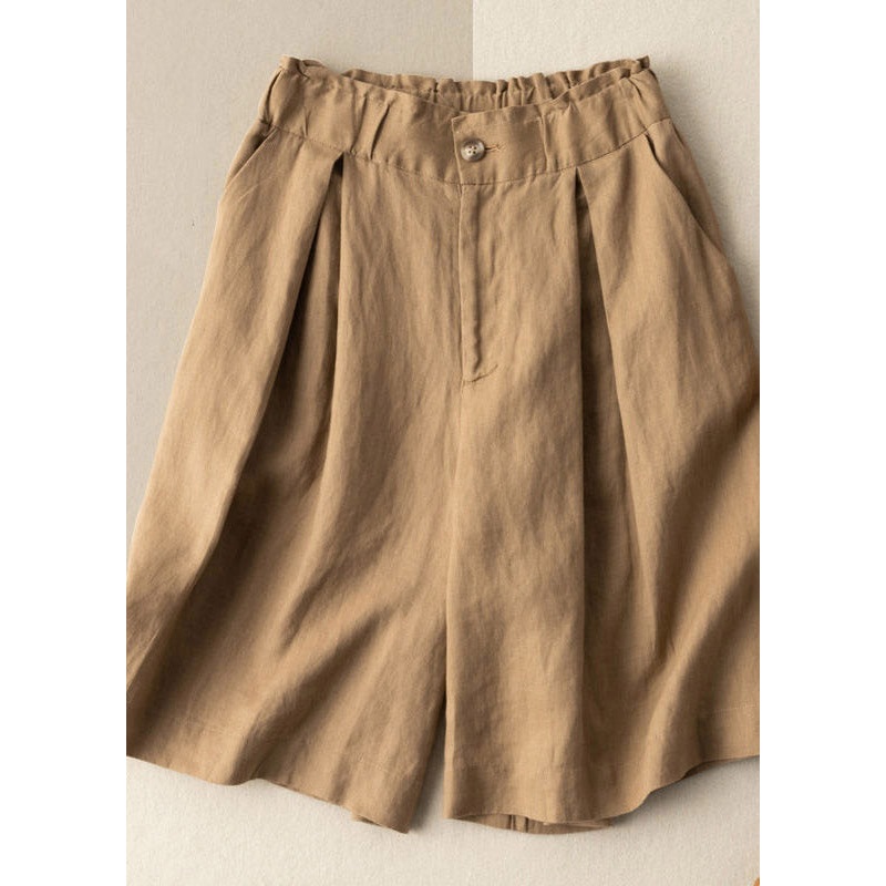 Boutique Khaki Pockets elastic waist zippered Linen Wide Leg Pants Summer