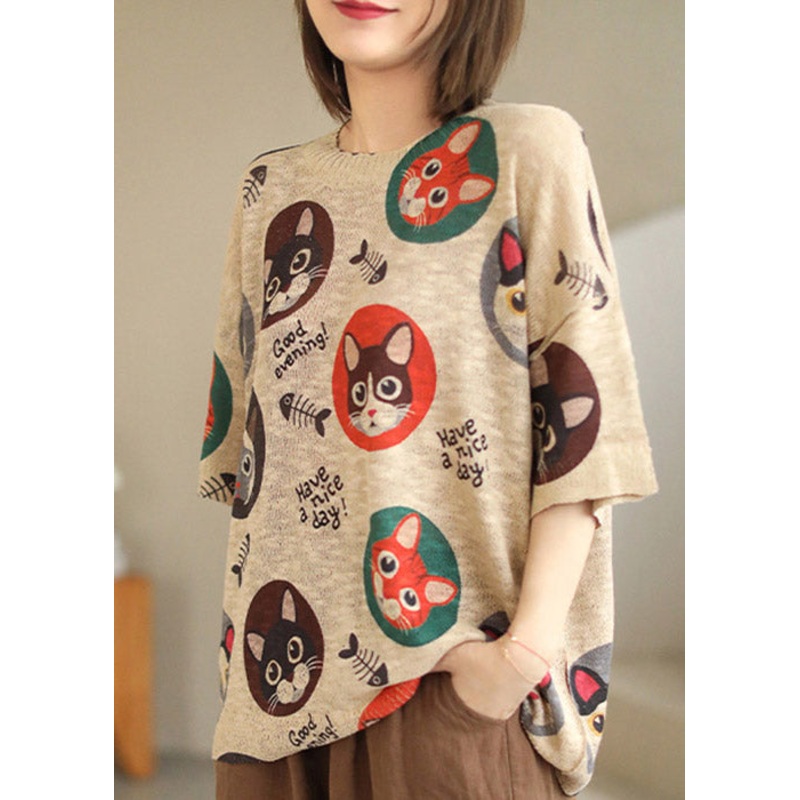 Camel O-Neck Print draping Cat Print Knit Tank Tops Short Sleeve