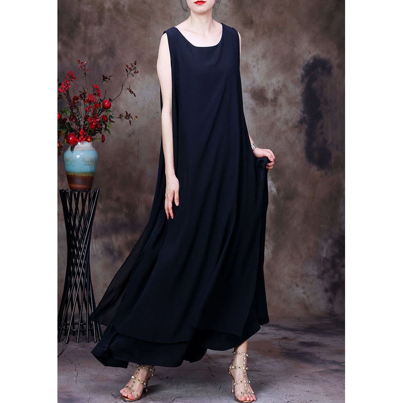 Casual Black Asymmetrical Design Chiffon Long Dresses Sleeveless