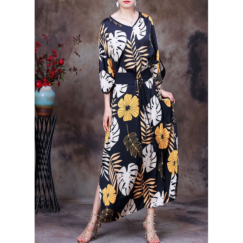 Casual Black V Neck Print Side Open Sashes Silk Vacation Long Dress Bracelet Sleeve