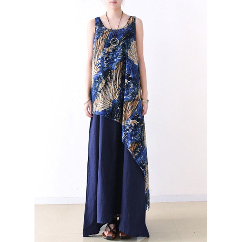 Casual Blue Asymmetrical Print Chiffon Top And Linen Spaghetti Strap Dress Two Pieces Set Summer