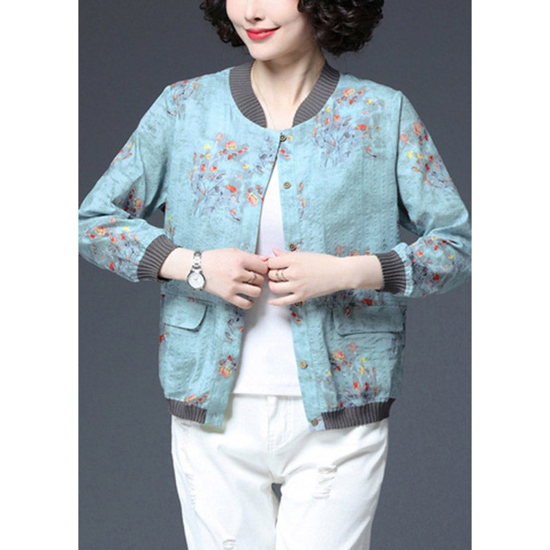 Casual Blue O-Neck Print Pockets Coats Long Sleeve