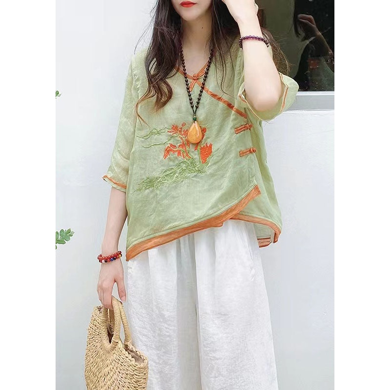 Casual Green Asymmetrical Button Linen Tops Half Sleeve