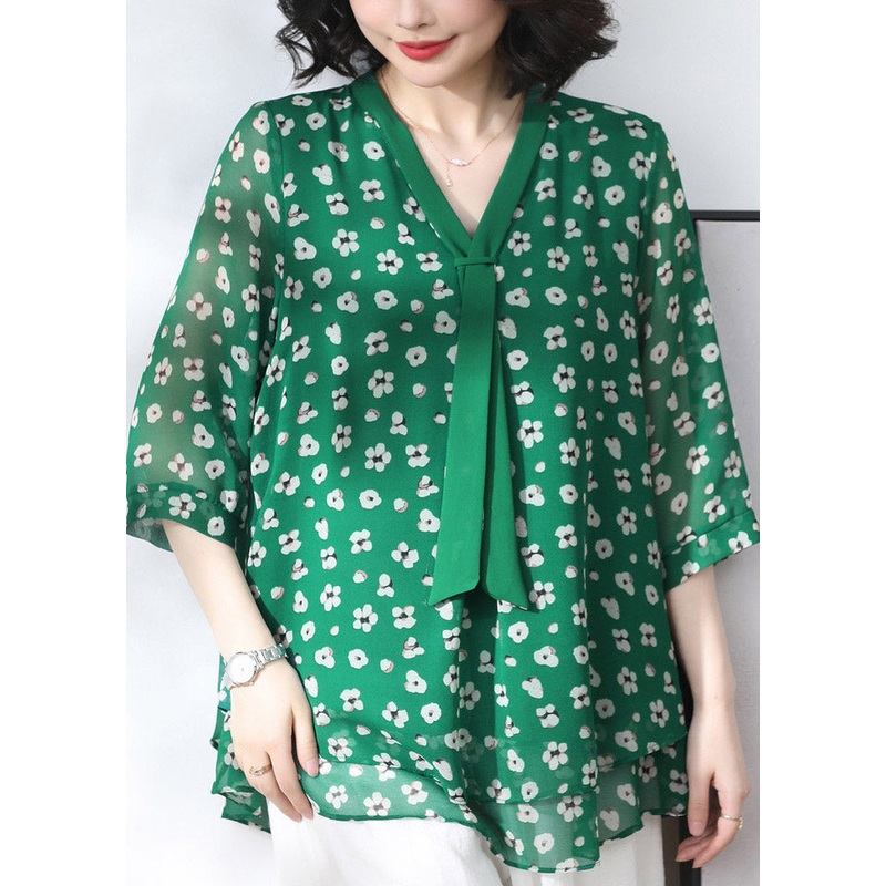 Casual Green V Neck Print Tulle Patchwork Shirts Three Quarter sleeve