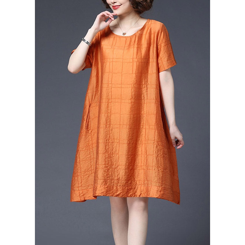 Casual Orange O-Neck Plaid Pockets Shift Dresses Short Sleeve