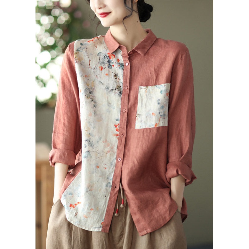 Casual Orange Peter Pan Collar Asymmetrical Print Pockets Linen Shirt Long Sleeve