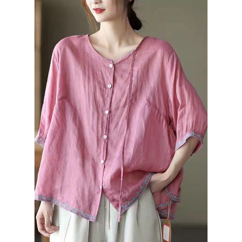 Casual Pink O-Neck Embroideried Linen Tops Three Quarter sleeve