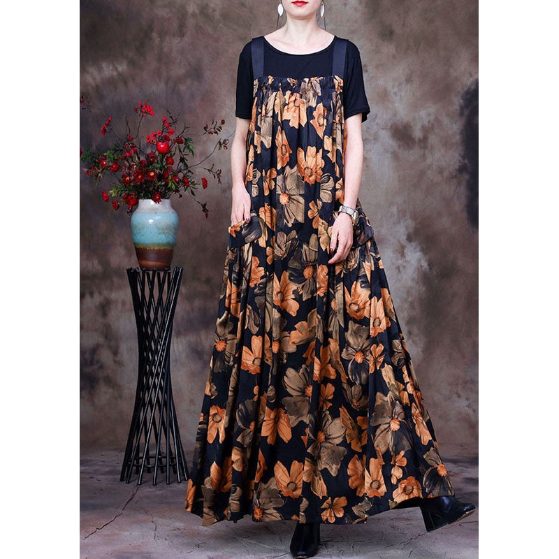 Casual Yellow Wrinkled Floral Print Silk Tanks And Strap Dress Two Piece Set Outfits Summer
