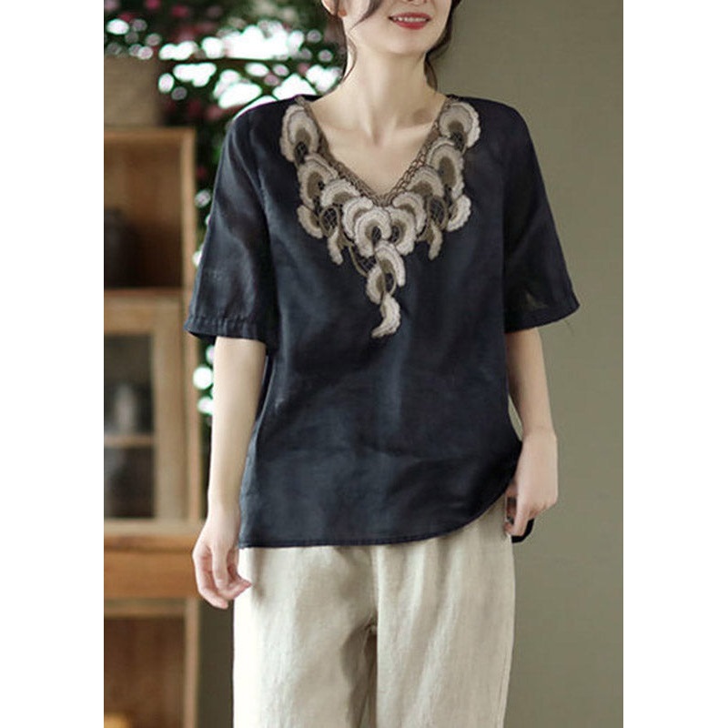 Chic Black V Neck Embroidered Floral Shirts Short Sleeve