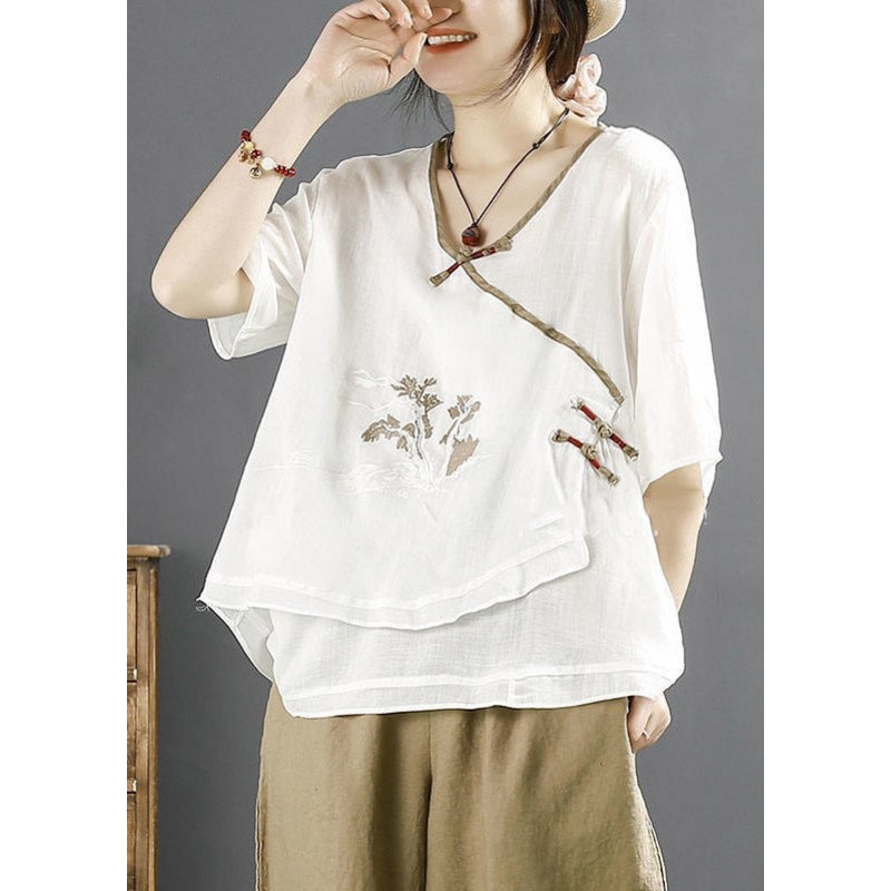 Diy White V Neck Embroideried Linen Tops Half Sleeve