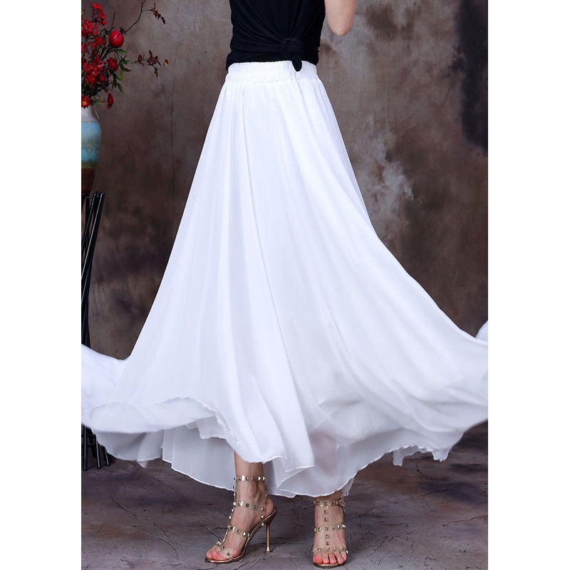 Elegant White Elastic Waist Asymmetrical Layered Design Chiffon Skirts Summer