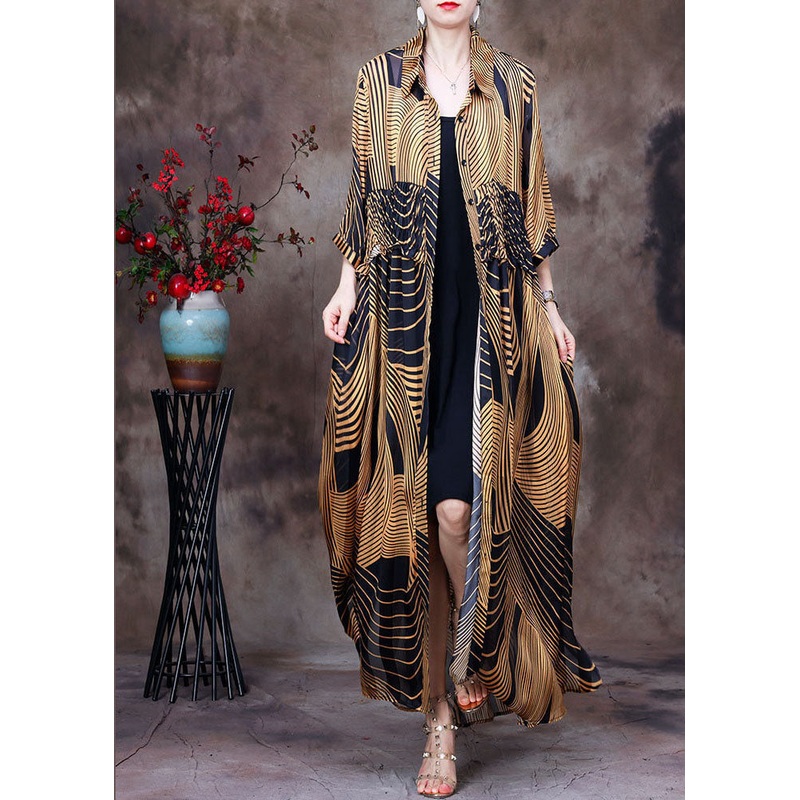 Elegant Yellow Peter Pan Collar Wrinkled Striped Print Chiffon Long Shirt Half Sleeve