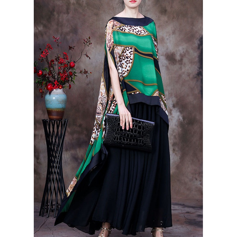 Fashion Green Leopard Print Low High Design Chiffon UPF 50+ Top Batwing Sleeve