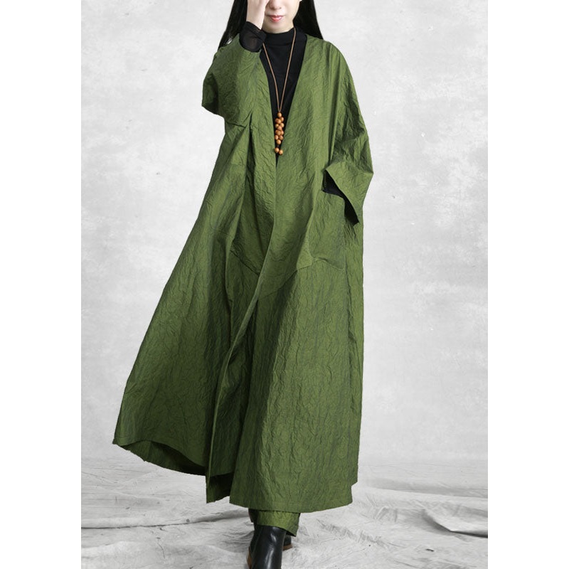 Fashion Green V Neck Pockets Trench Coats And Wide Leg Pants Two Pieces Set Spring