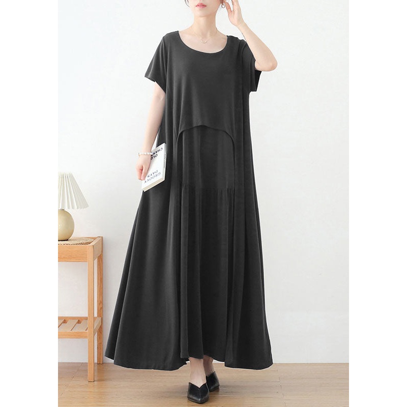 Fashion Grey O-Neck Asymmetrical Design Long Dresses Short Sleeve