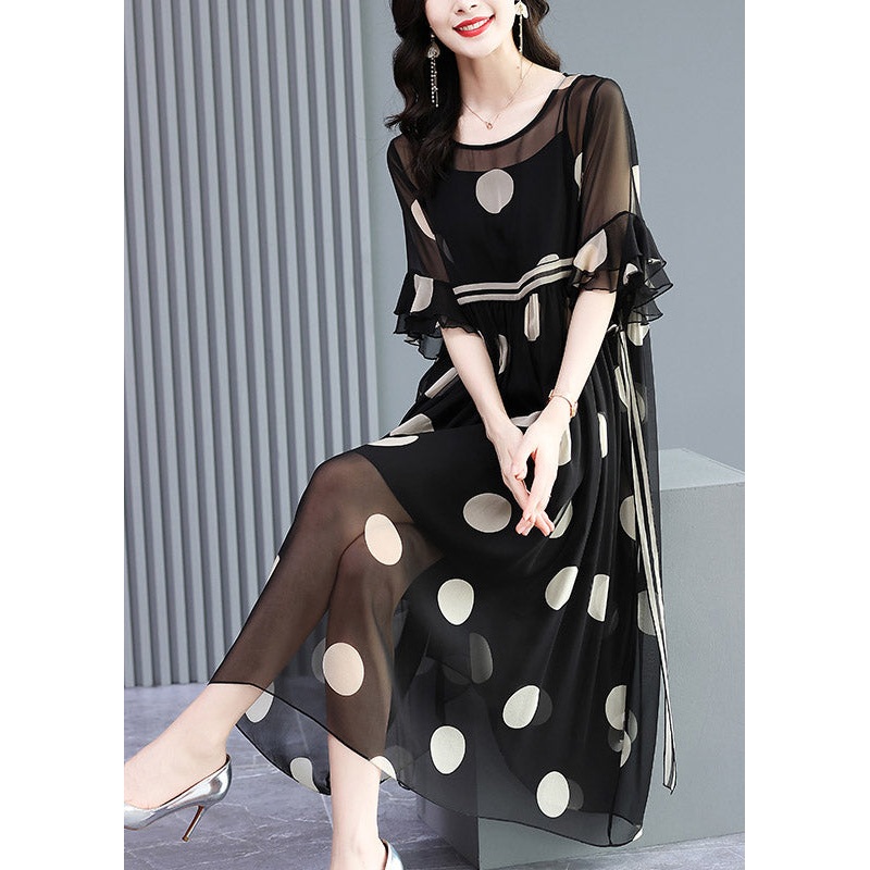 French Black O-Neck Dot Print Silk Dress Two Pieces Set Flare Sleeve