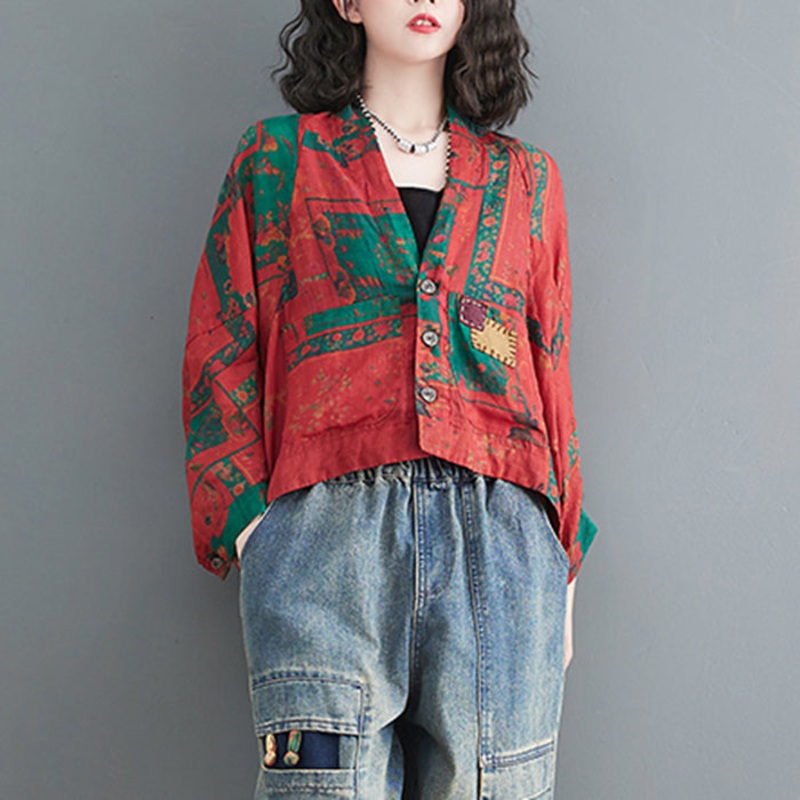 French Red V Neck Pockets tie waist Print Coat Batwing Sleeve