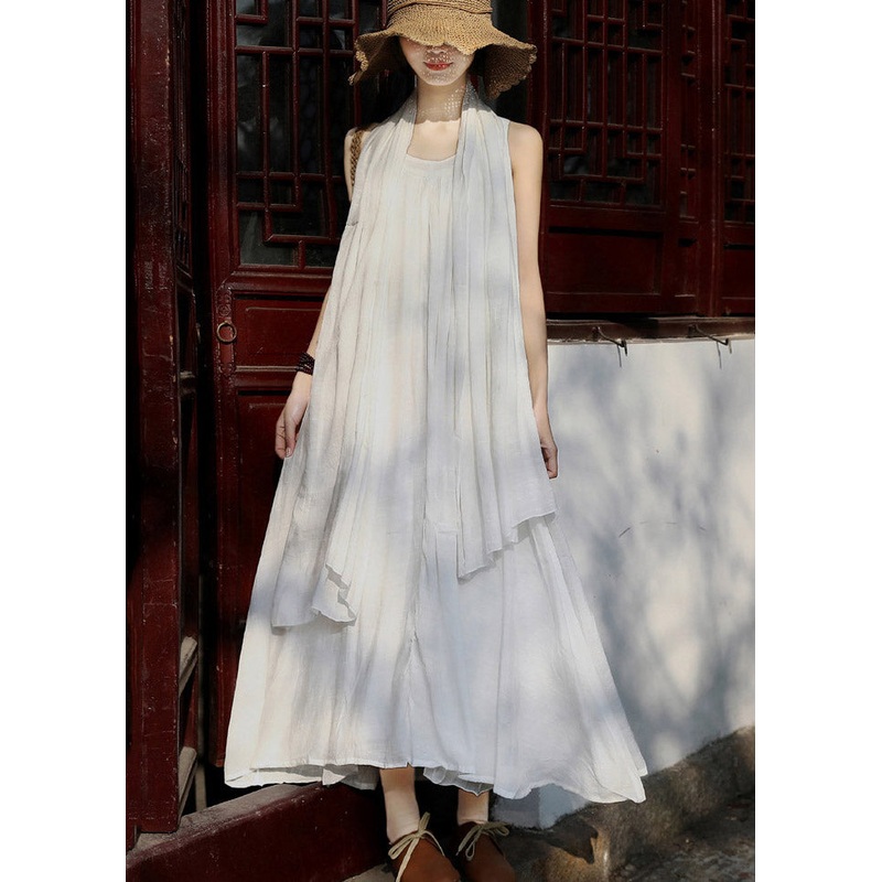 French White Wrinkled Linen Spaghetti Strap Dress And Shawl Two Pieces Set Summer