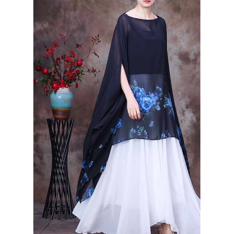 Handmade Blue Print Asymmetrical Design Chiffon Top For Women Batwing Sleeve