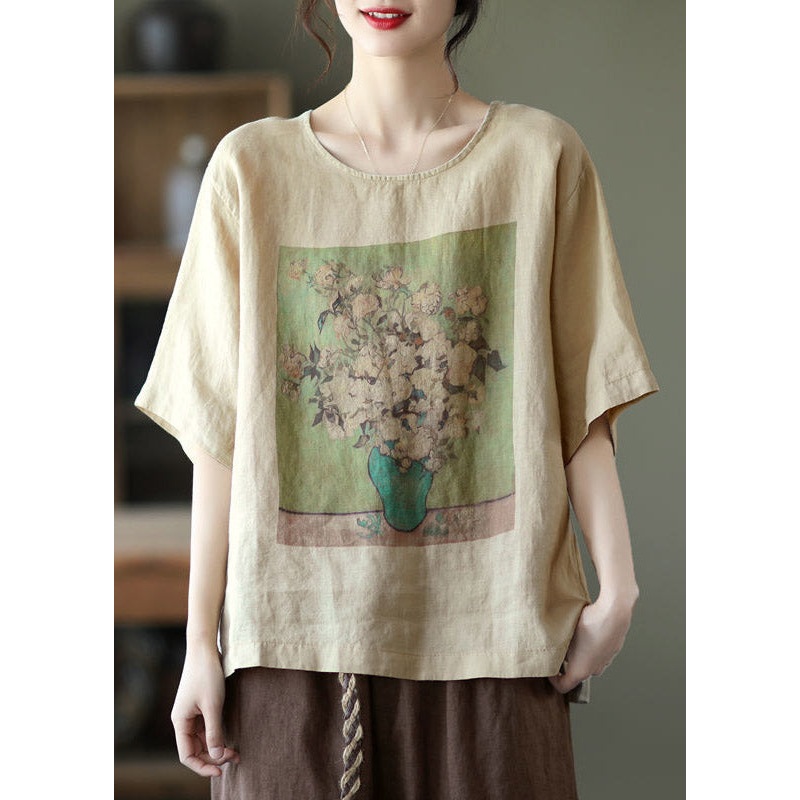 Khaki Side Open Linen T Shirt Half Sleeve