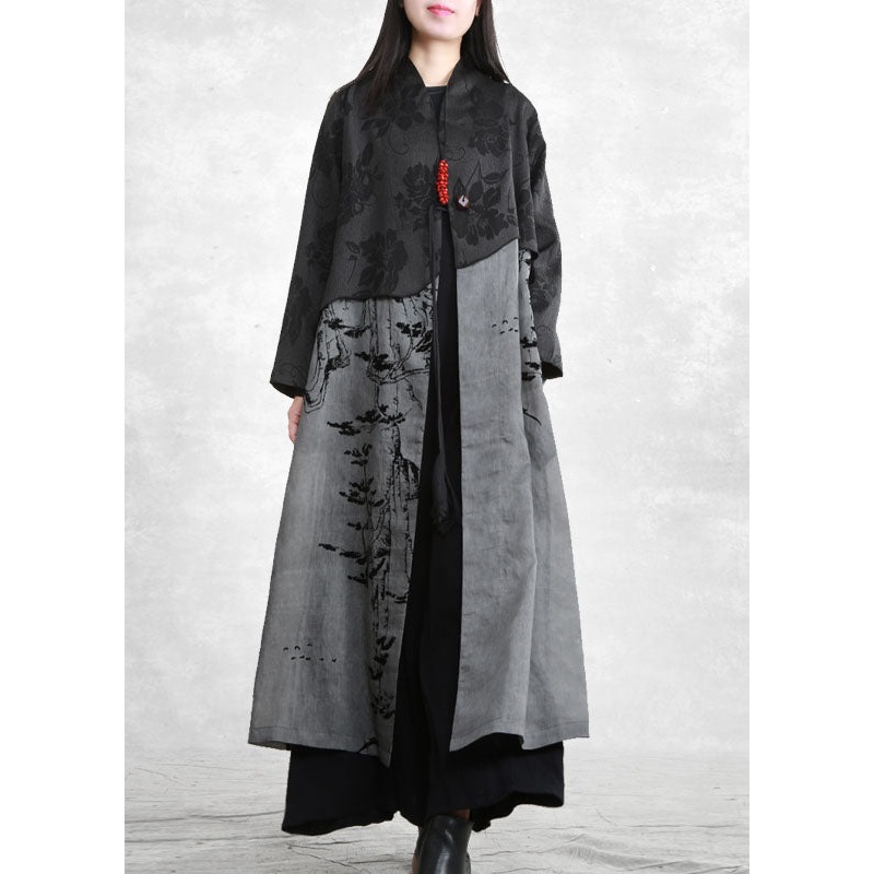 Modern Dark Grey Pockets Patchwork Cotton Trench Coat Spring