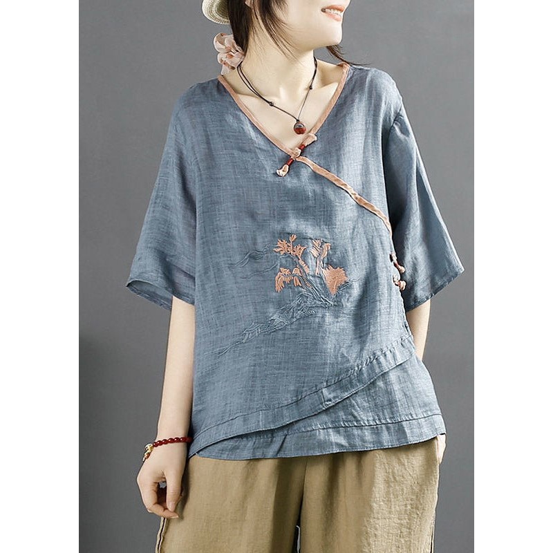 Navy Embroideried Patchwork Linen Top Half Sleeve
