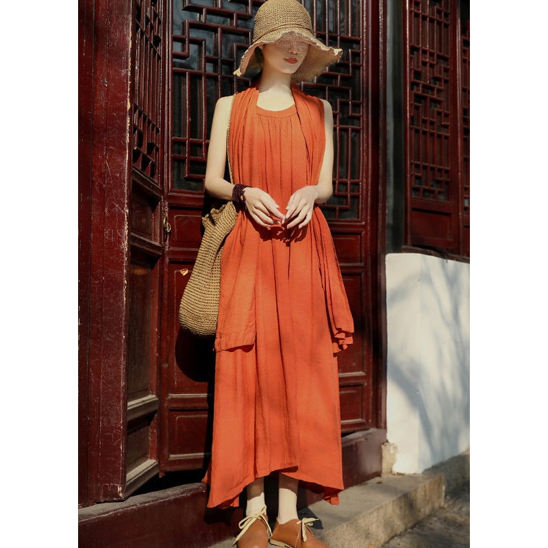 Orange Original Design Linen Spaghetti Strap Dress And Shawl Two Pieces Set Summer