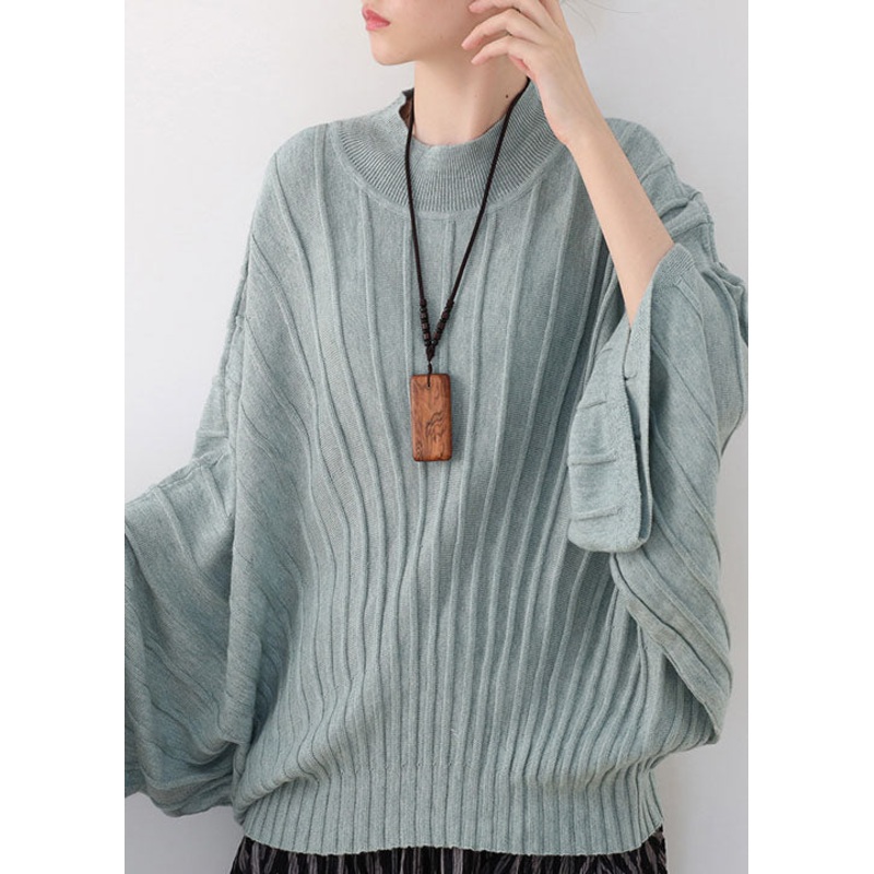 Original Design Green Solid O-Neck Knit Tops Batwing Sleeve