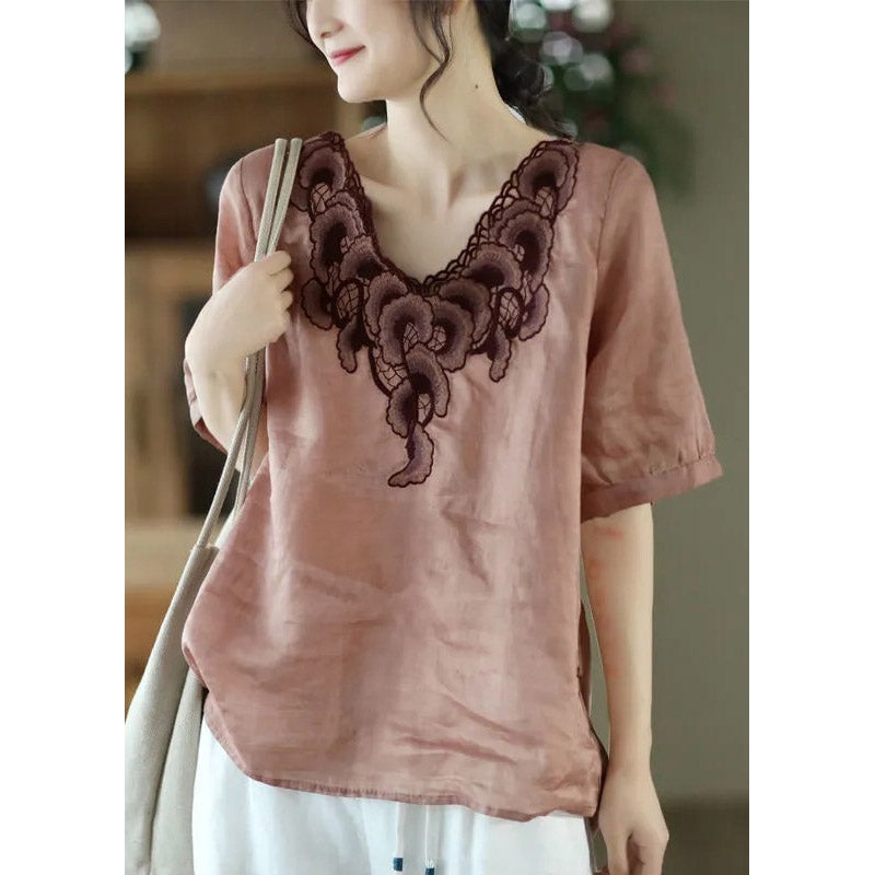 Pink Hollow Out Patchwork Top Short Sleeve