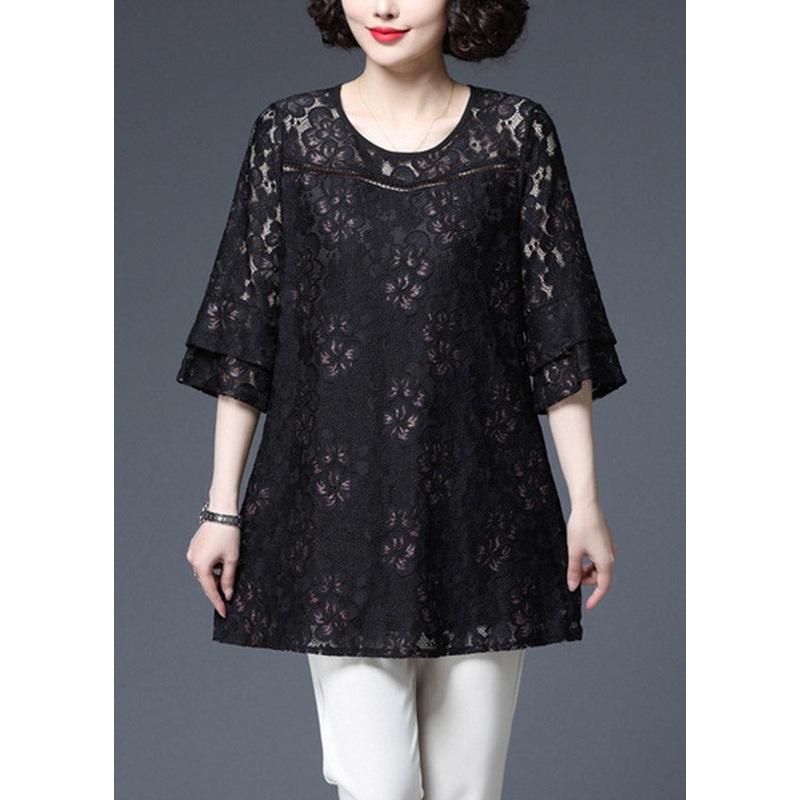 Plus Size Black O-Neck Embroideried Lace Top Half Sleeve