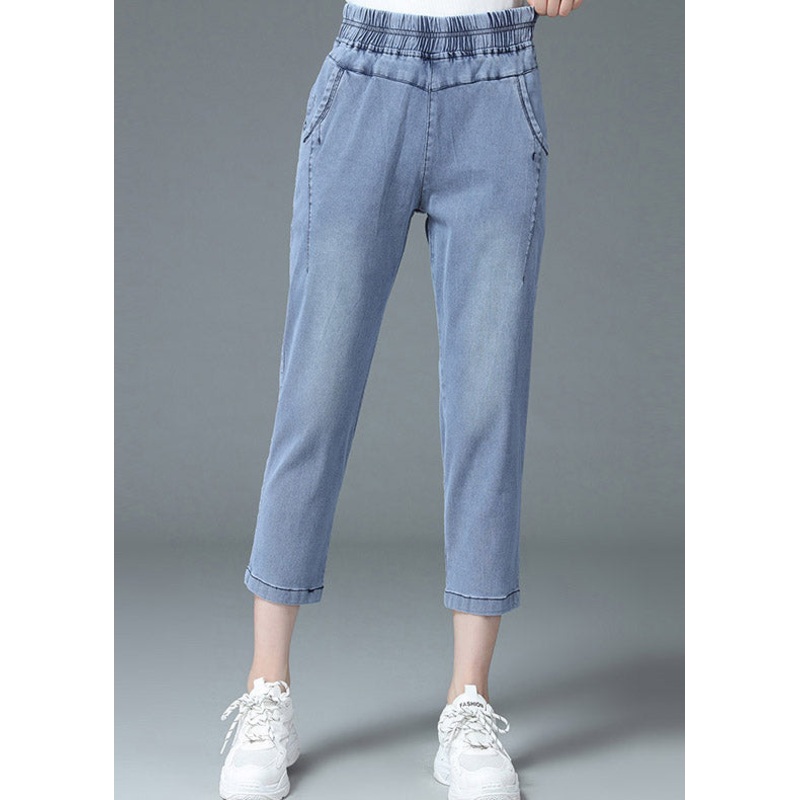Plus Size Blue High Waist Pockets Jeans Summer
