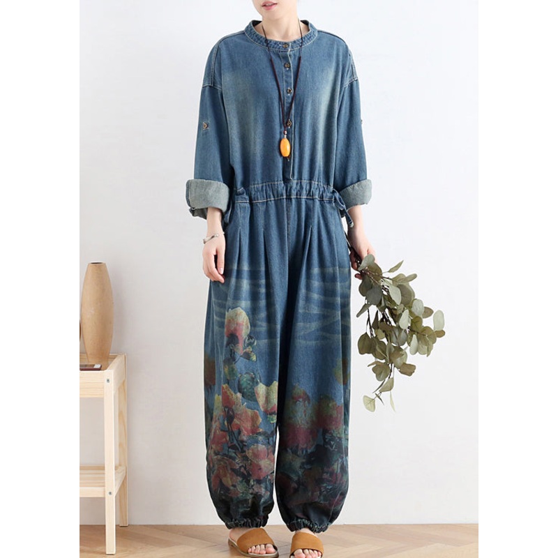 Plus Size Blue O-Neck Button Floral Cotton Denim Jumpsuit Long Sleeve
