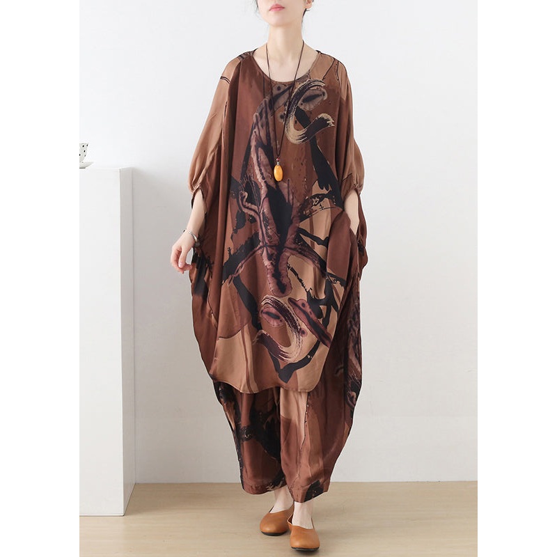 Plus Size Coffee O-Neck Asymmetrical Print Silk Two Pieces Set Batwing Sleeve
