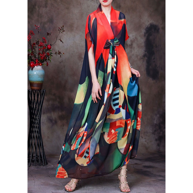 Plus Size Red Print Asymmetrical Design Chiffon Beach Dress And Spaghetti Strap Dress Two Pieces Set Summer