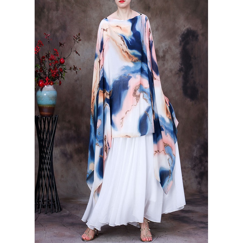Plus Size White Asymmetrical Design Tie Dye Chiffon UPF 50+ Top Batwing Sleeve