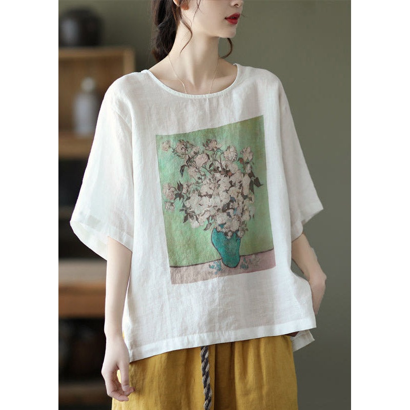Plus Size White O-Neck Print Linen T Shirt Half Sleeve
