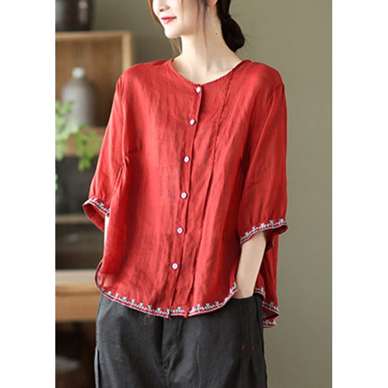 Red O-Neck Ruffled Button Linen Top Three Quarter sleeve