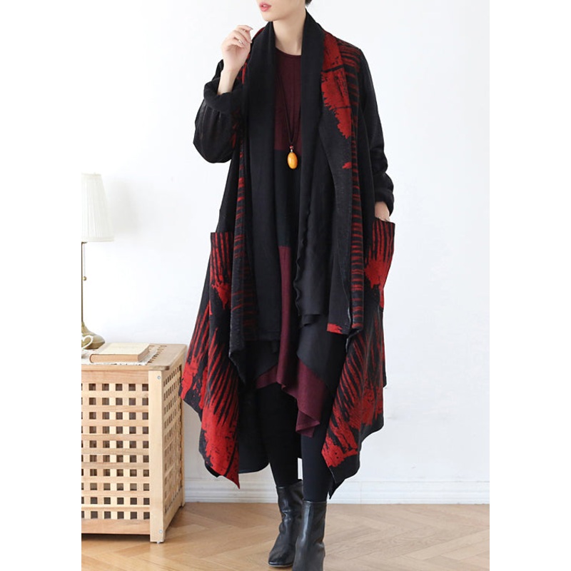 Red Pocket Trench Coats V Neck Long Sleeve