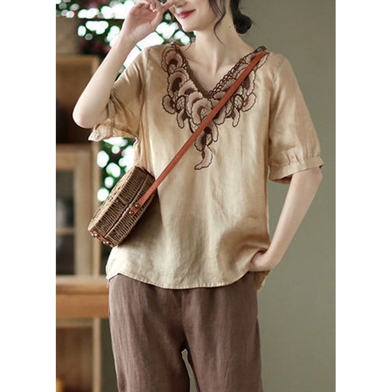 Retro Apricot V Neck Embroidered Patchwork Tops Short Sleeve