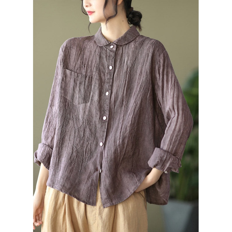 Retro Purple Peter Pan Collar Button Pockets Wrinkled Linen Shirt Long sleeve