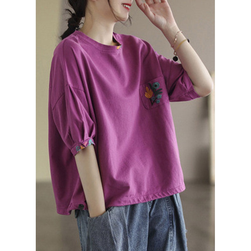 Rose Purple O-Neck Pockets T Shirt Half Sleeve