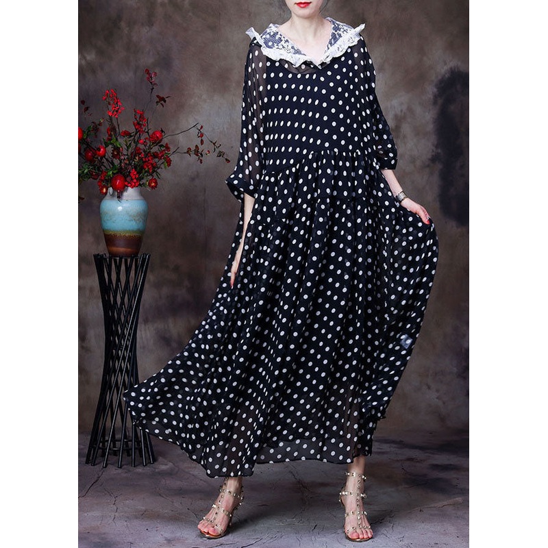 Simple Black Hooded Patchwork Lace Dot Print Silk Long Dress Two Piece Set Women Clothing Summer