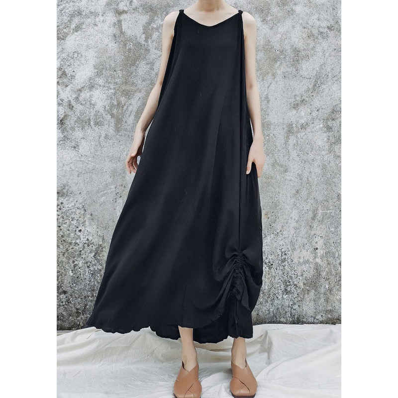 Unique Brief Black Drawstring Satin Spaghetti Strap Dress Summer