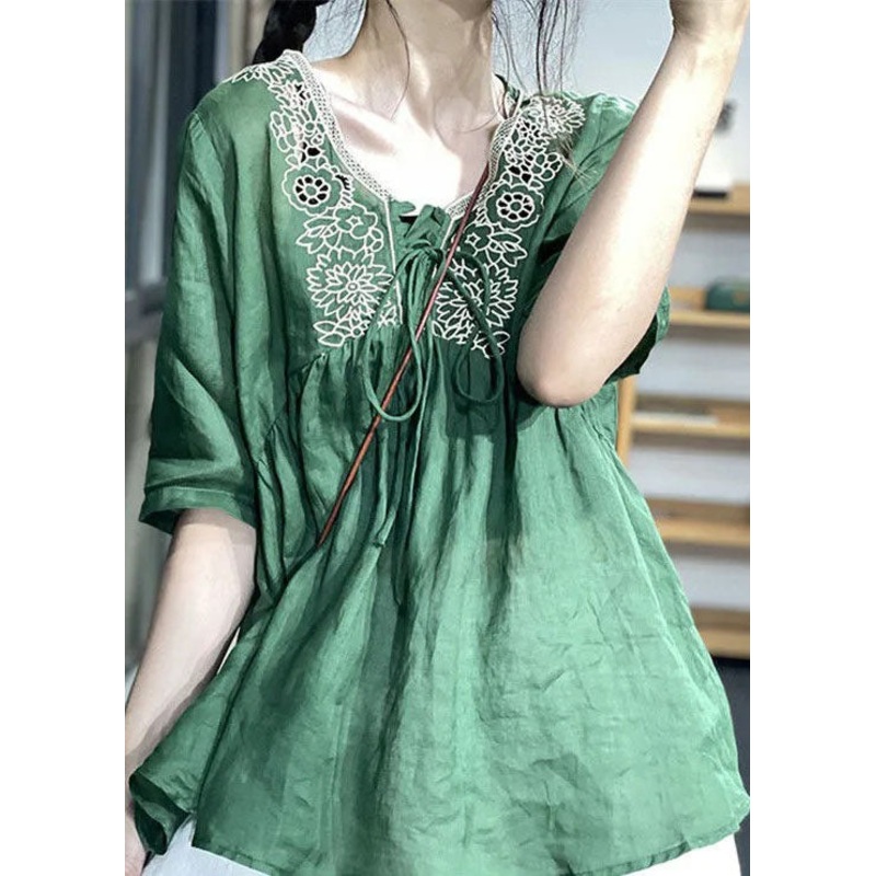 Vintage Green Embroideried Patchwork Lace Up Linen Top Short Sleeve